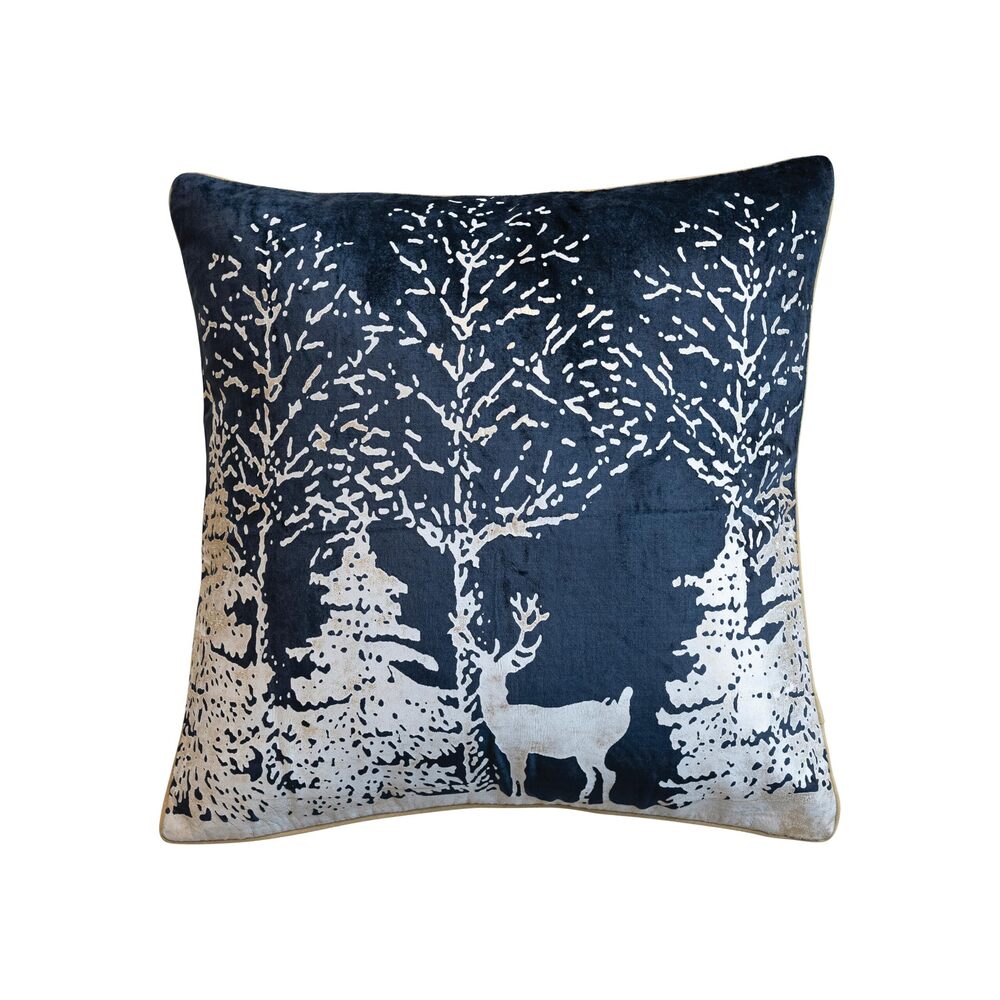 7558 Square Cotton Velvet Printed Foil Pillow with Winter Scene and Piping